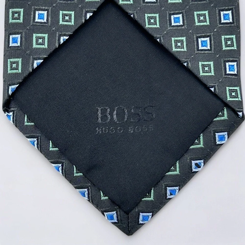 BOSS Hugo Boss Tie Adult Black Blue Green Geometric Square Silk Made in Italy